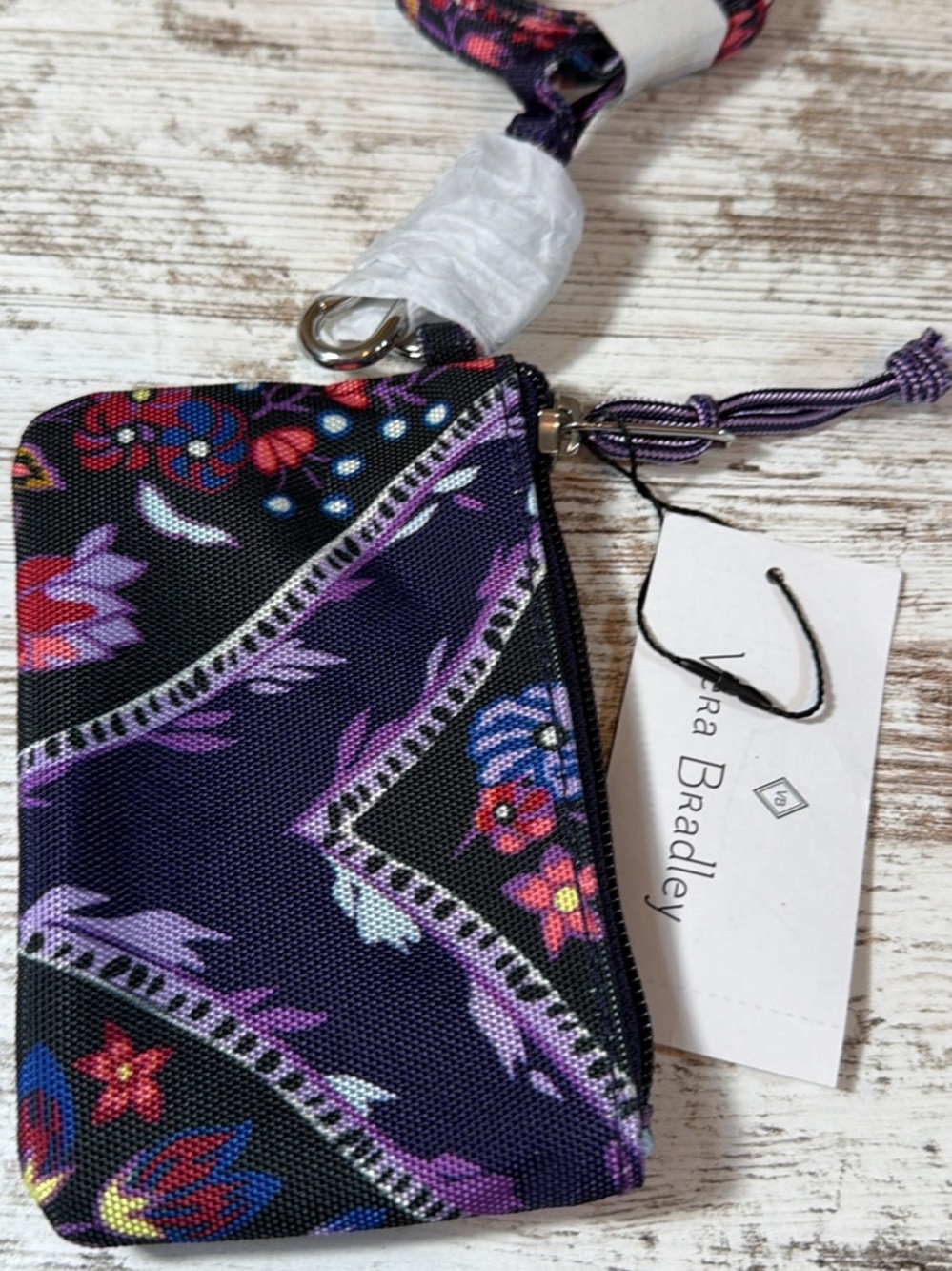 Lighten Up Zip ID Lanyard with Purple Floral Foxwood Meadow Pattern